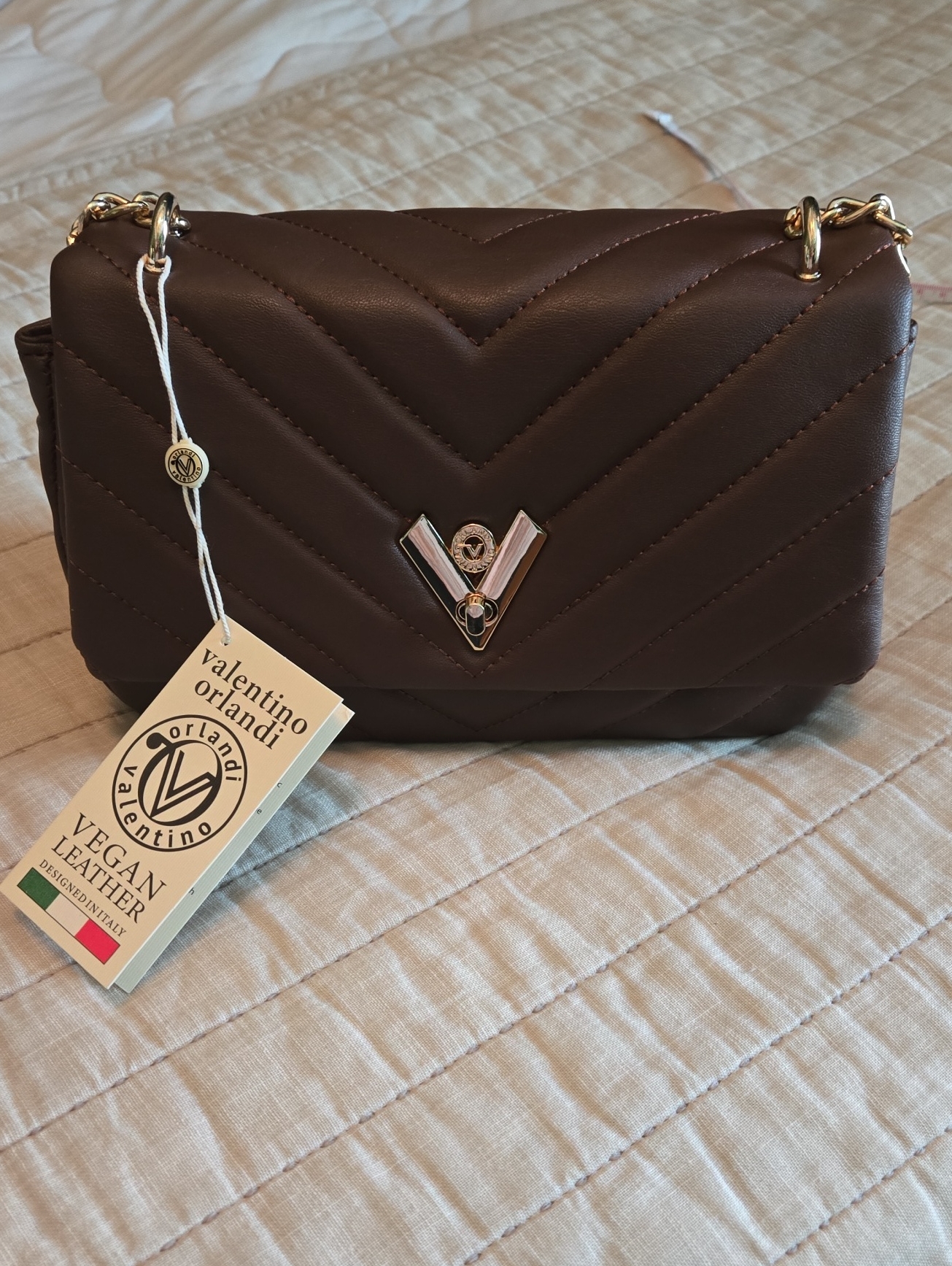 Valentino Orlandi Chocolate Brown Quilted Shoulder Bag With Gold Hardware